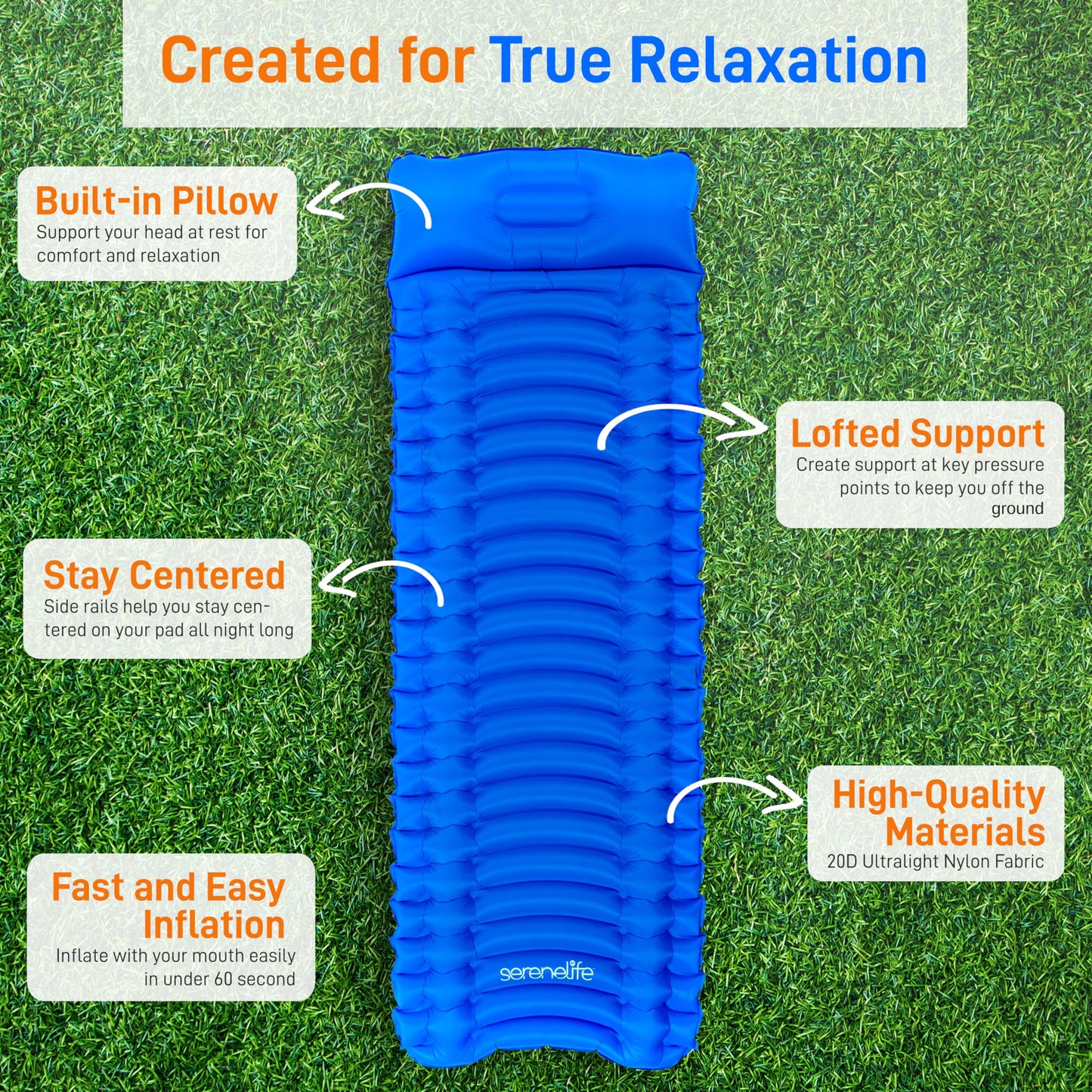 SereneLife Sleeping Pad for Camping - Compact Sleeping Mat with Quick-Inflating, Lightweight, and Tear-Resistant Backpacking Air Mattress with Carrying Bag for Camping, Backpacking, Hiking