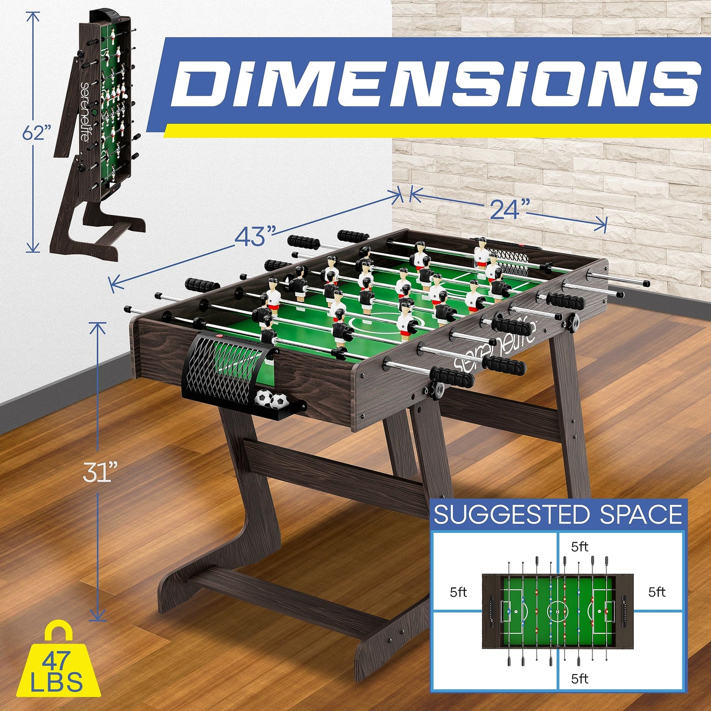 Folding Foosball Table, 4’ x 2’ Full Competition Size Foldable Space Saving Table Soccer for Home, Arcade Game Room, for Indoor or Outdoor, Family Game Night, Perfect for Kids and Adults