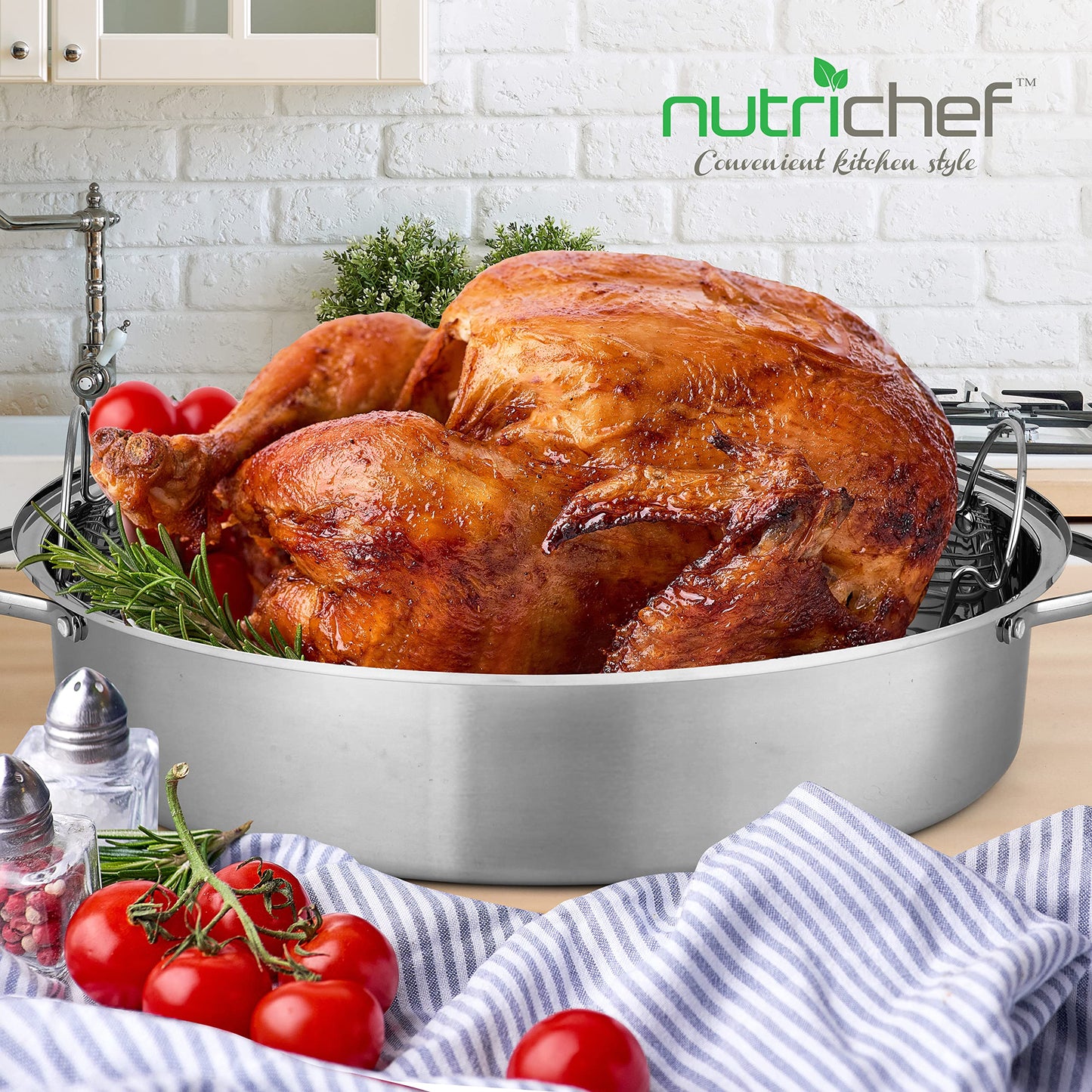 NutriChef 20" Oval Roasting Pan with Rack and Lid - Premium Stainless Steel Roaster Dish w/ Wide Handles & Removable Rack, Multi-Use Cookware for Turkey, Chicken, Stews, & More - Dishwasher Safe