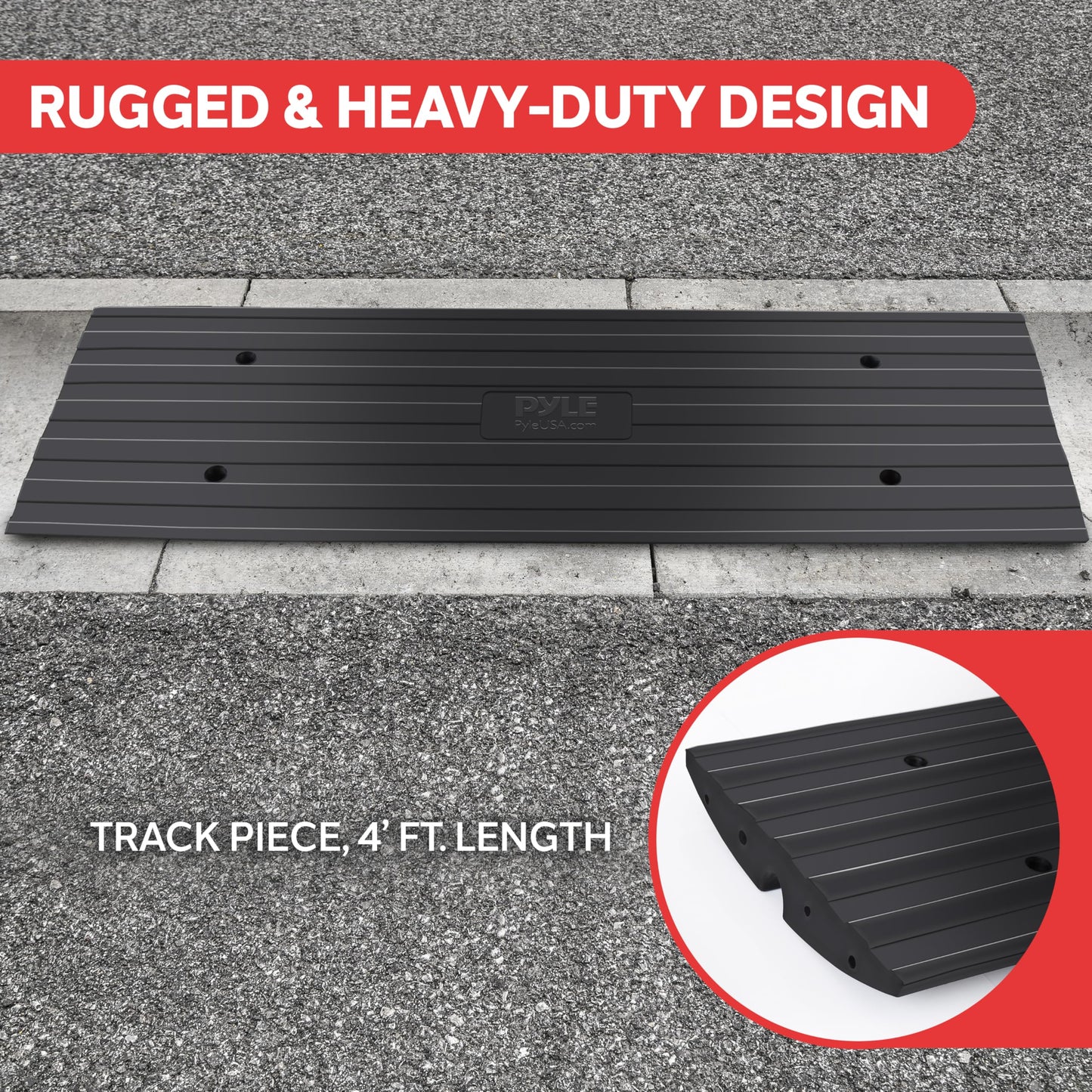 Pyle Car Vehicle Curbside Driveway Ramp - 4ft Heavy Duty Rubber Threshold Bridge Tracks Curb Ramps, 2 Pieces Set (for Car, Truck, Scooter, Bike, Motorcycle, Wheelchair Mobility), Black