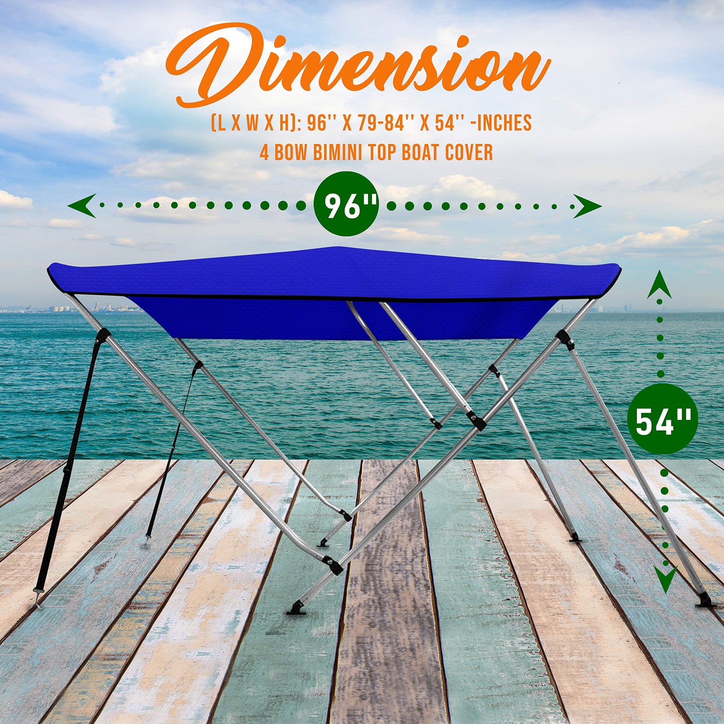 SereneLife 4 Bow Bimini Top Boat Cover – 96" L x 79-84" W x 54" H, Durable 1" Aluminum Frame, Waterproof & UV-Resistant, Easy Install with Front Straps, Rear Support Arms & Free Storage Boot (Blue)