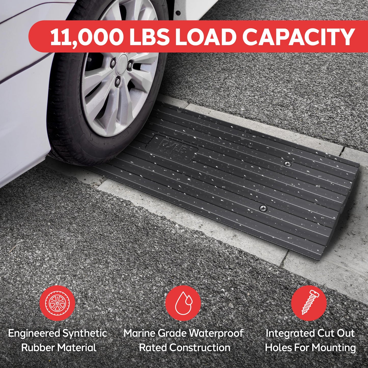 Pyle Car Vehicle Curbside Driveway Ramp - 4ft Heavy Duty Rubber Threshold Bridge Tracks Curb Ramps, 2 Pieces Set (for Car, Truck, Scooter, Bike, Motorcycle, Wheelchair Mobility), Black