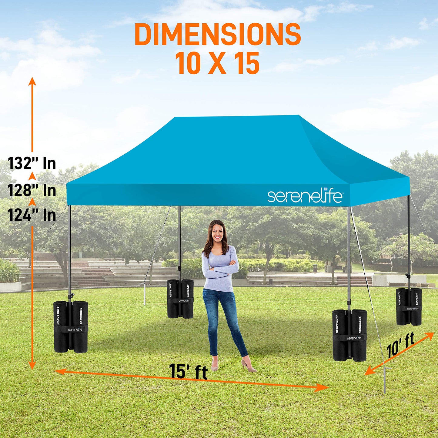SereneLife SLGZ15SB Pop Commercial Instant Shelter-Waterproof Polyester Tent with Portable Wheeled Carry Sand Bag, 10 x 15 ft. (Sky Blue), 10x15