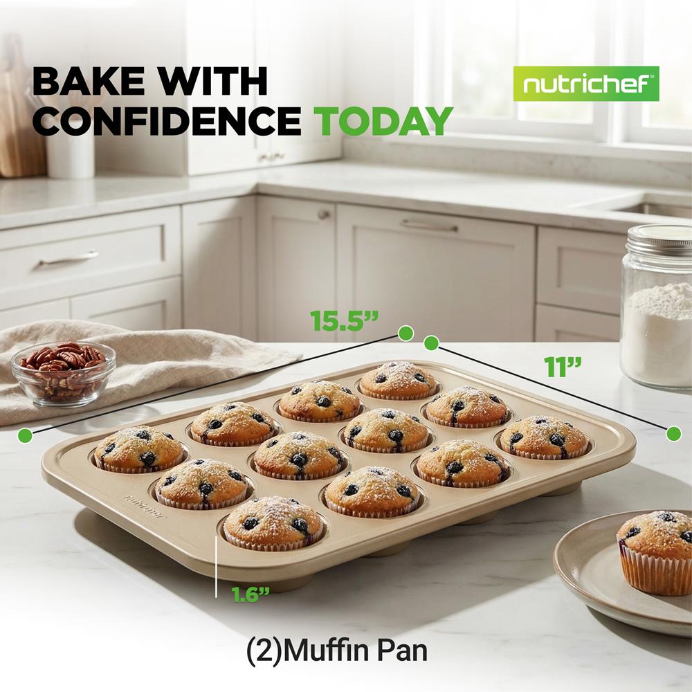 NutriChef 12 Cup Nonstick Muffin Pans for Cupcakes, 2-Piece Cupcake Mould, Non-Toxic Carbon Steel Stackable Cup Cake Tray, Dishwasher Safe, Easy Release, Easy clean - Gold