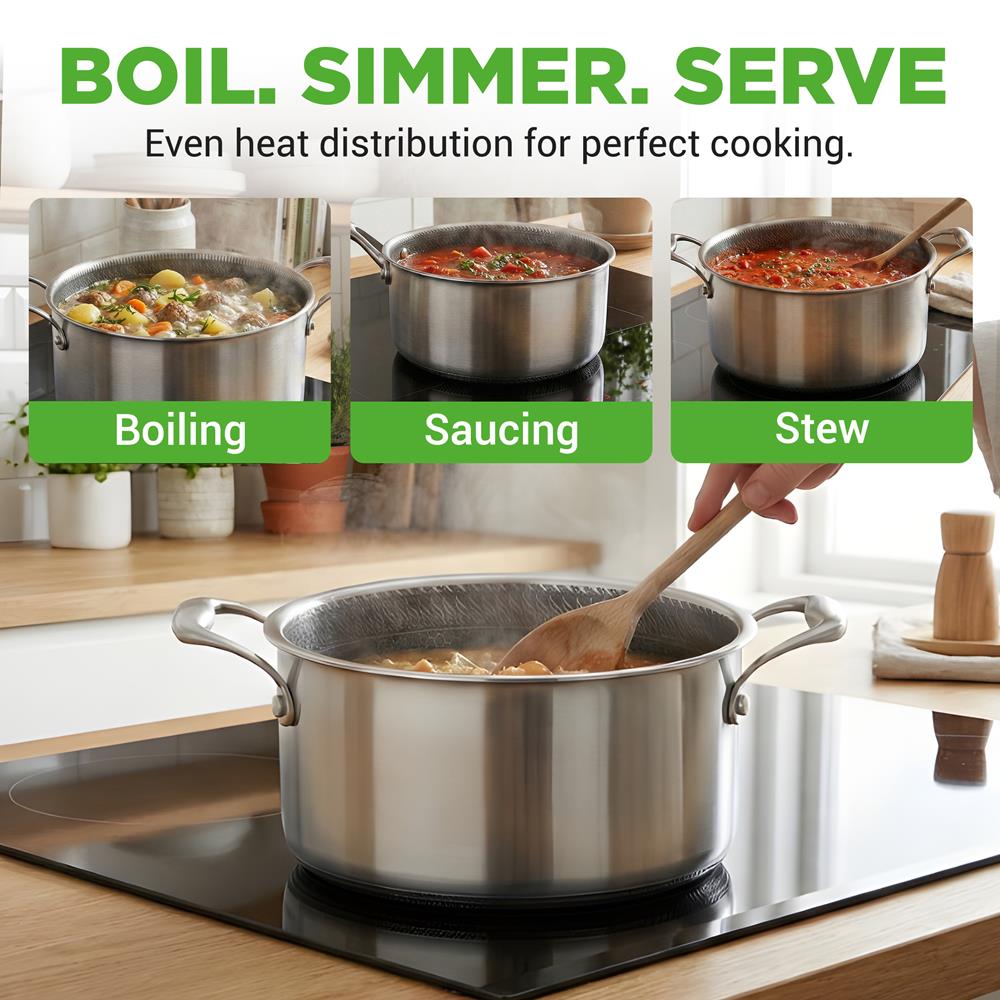 NutriChef 5 QT Stainless Steel Stew Pot - Triply Kitchenware Stew Pot with Glass Lid - DAKIN Etching Non-Stick Coating, Scratch-resistant Raised-up Honeycomb Fire Textured Pattern - NutriChef NC3PCAS