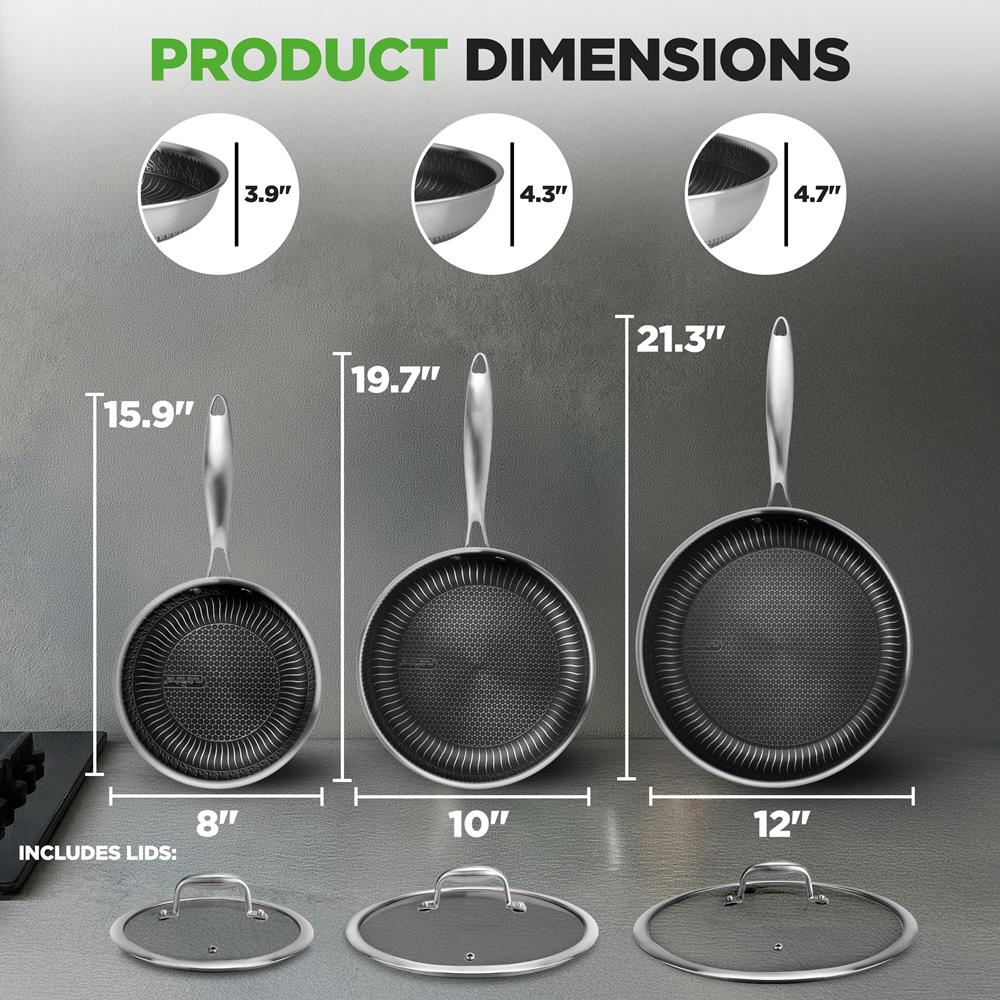 NutriChef 6-Piece Tri-Ply Stainless Steel Frying Pan Set – 8", 10", 12" Non-Stick Skillets with Lids, Induction Compatible, Oven Safe, Scratch-Resistant, Dishwasher Safe
