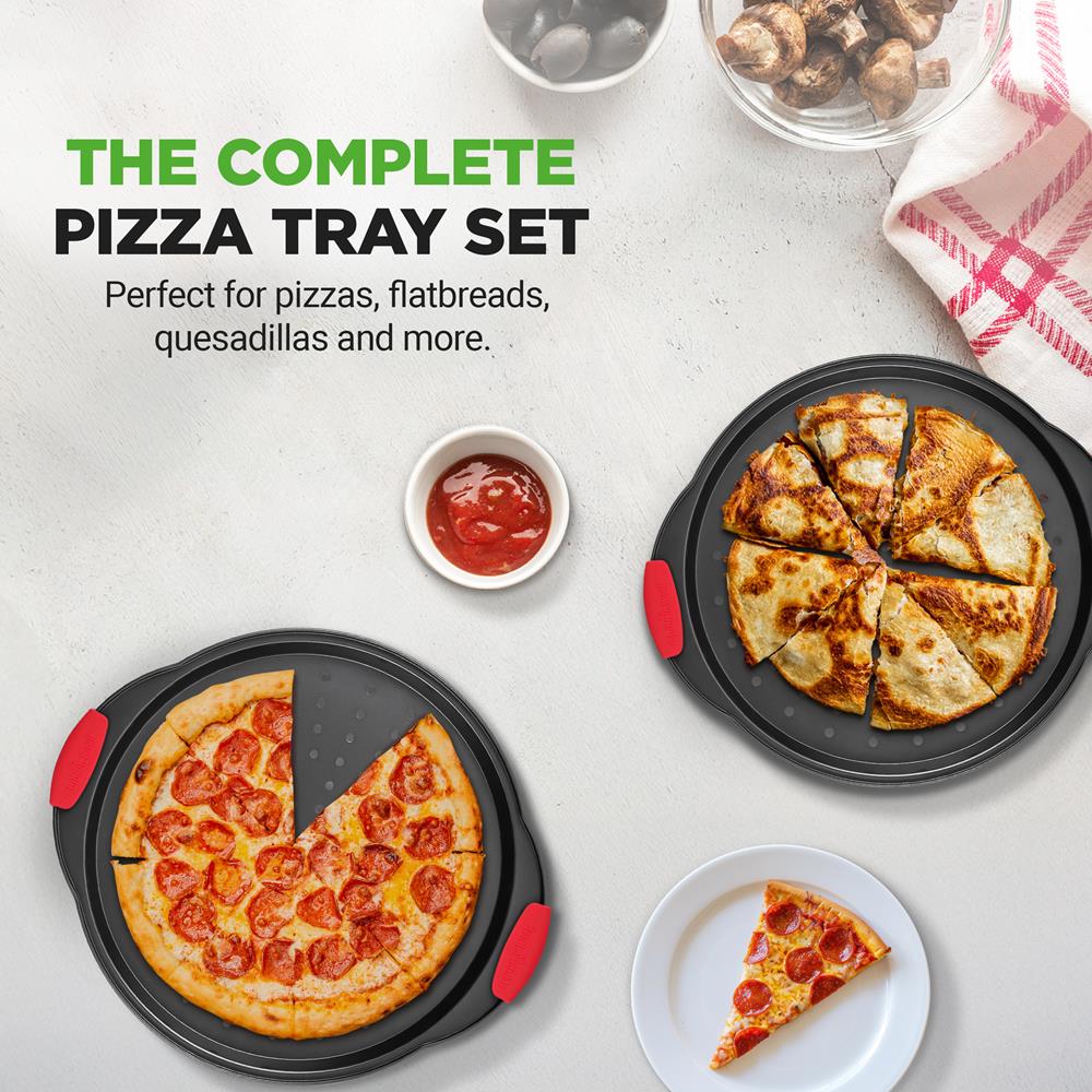 NutriChef 2-Piece 13-Inch Nonstick Pizza Tray, Round Carbon Steel Non-Stick Pizza Baking Pan with Perforated Holes, Premium Bakeware Pizza Screen with Silicone Grip Handles, Dishwasher Safe, NCBPIZX2