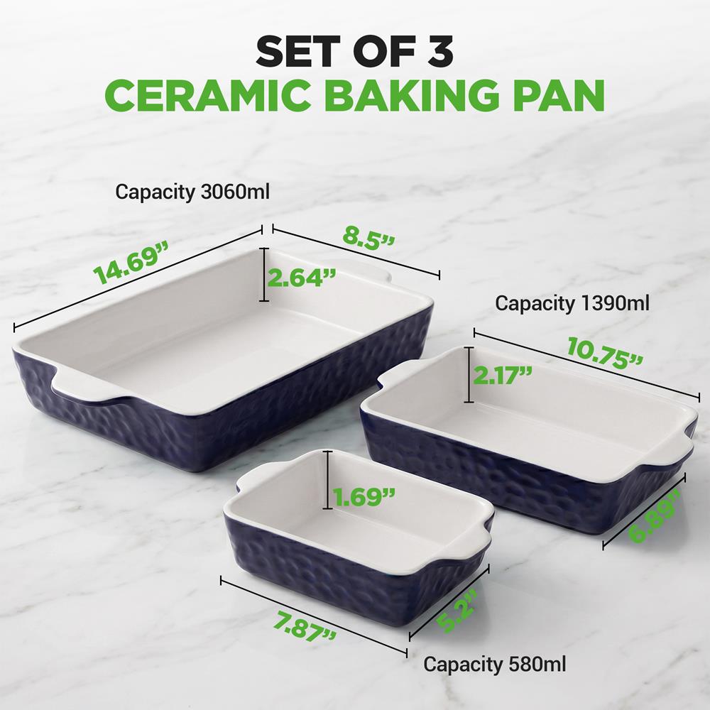 NutriChef 3-Piece Ceramic Casserole Dishes for Oven - Heavy Duty Rectangular Lasagna Baking Pans w/ Premium Nonstick Coating & Handles - PFOS, PTFE, PFOA Free - Microwave & Oven Safe, Royal Blue