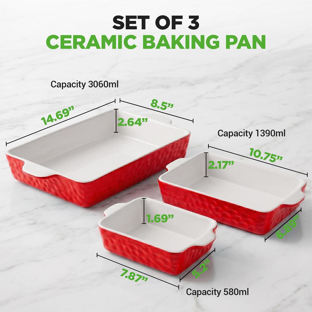 NutriChef 3-Piece Ceramic Casserole Dish for Oven - Premium Lasagna Baking Pans w/ Nonstick Coating & Built-In Handles - Dishwasher & Microwave Safe - 14" x 8", 10" x 6", 7" x 5" - Red