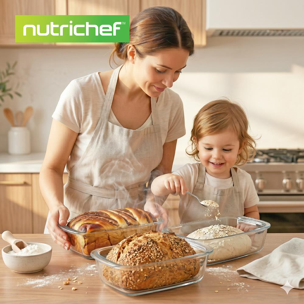 NutriChef 3-Piece Glass Loaf Pan Set - 1.9 QT Premium Stackable Food Containers w/ Airtight Locking Lid - Oven, Microwave, & Dishwasher Safe - 62oz Bread Pan Dish, Clear Glass
