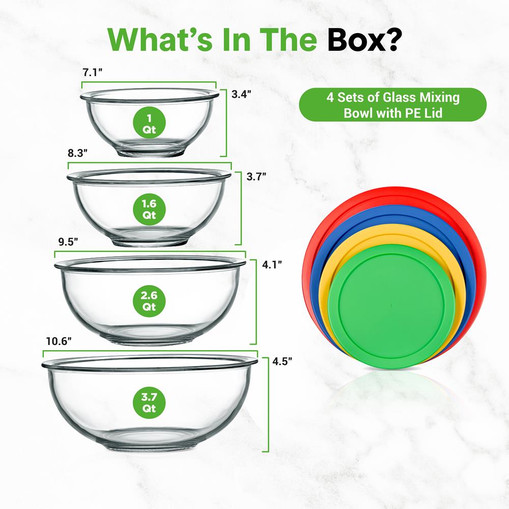 NutriChef 4-Pack Glass Mixing Bowls with BPA-Free Lids, Stackable Nesting Salad Bowls (1QT, 1.6QT, 2.5QT, & 3.7QT), Prepping and Baking Food Storage Set, Dishwasher, Freezer, & Microwave Safe
