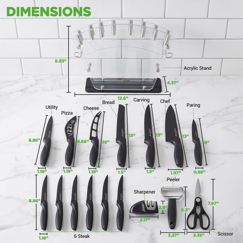 NutriChef 17-Piece Kitchen Knife Set - Stainless Steel Precision Crafted Knives w/Acrylic Block Stand - Includes 6 Steak Knives, 7 Multi-Use Knives, Sharpener, Scissors, & Vegetable Peeler (Black)