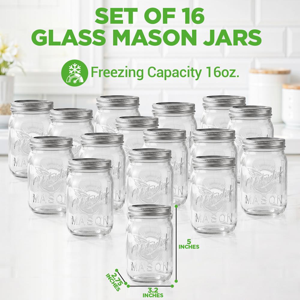 NutriChef 16-Pack 16 oz Mason Jars with Lids - Thick Glass Canning Jars with Stainless Steel Lids - Ideal for DIY Spices, Meal Prep, Overnight Oats, Jelly, Jam, Honey, Candles, Crafts, & More