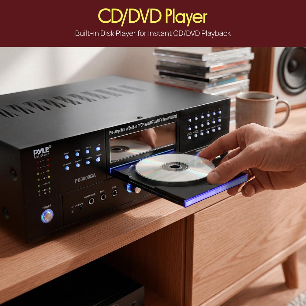 Pyle 4 Channel Wireless Bluetooth Amplifier - 3000W Peak Stereo Audio Receiver FM Radio - USB - 2 Mic Inputs w/ Echo - HDMI - 24-Bit Decode - CD/DVD - Subwoofer Output - LED - Rack Mount - PD3000BA