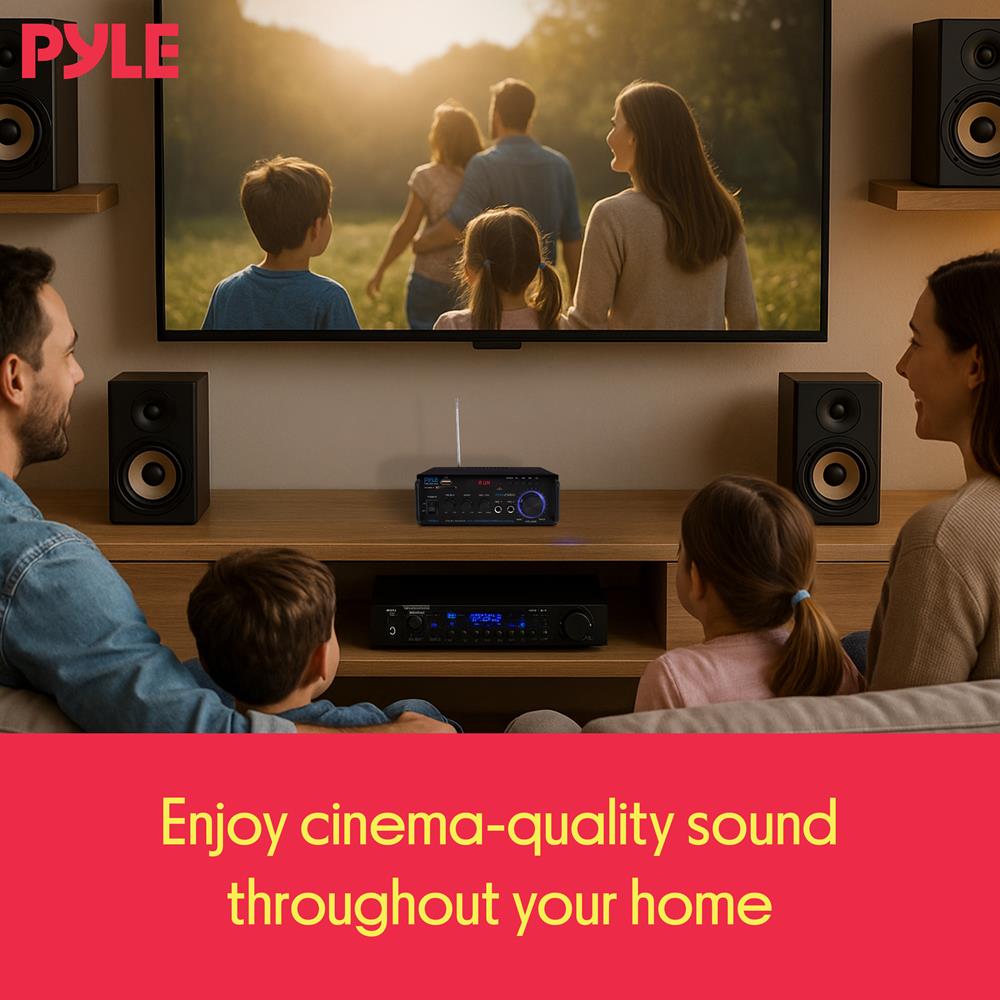 Pyle 200W Wireless Bluetooth Stereo Power Amplifier - Dual Channel Audio Receiver with RCA - USB - SD - MIC IN - FM Radio - AUX Input - Remote Control for Home Theater & Studio Use - PDA29BU
