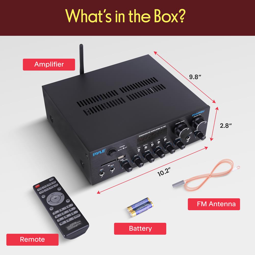 Pyle Wireless Bluetooth Streaming Amplifier, 300W Multi Channel Home Audio Receiver System with HDMI in/Out, Optical/Coaxial, FM Radio, USB/SD, AUX, RCA, Mic in, and BT/FM Antenna, 10.2”x9.8”x2.8”