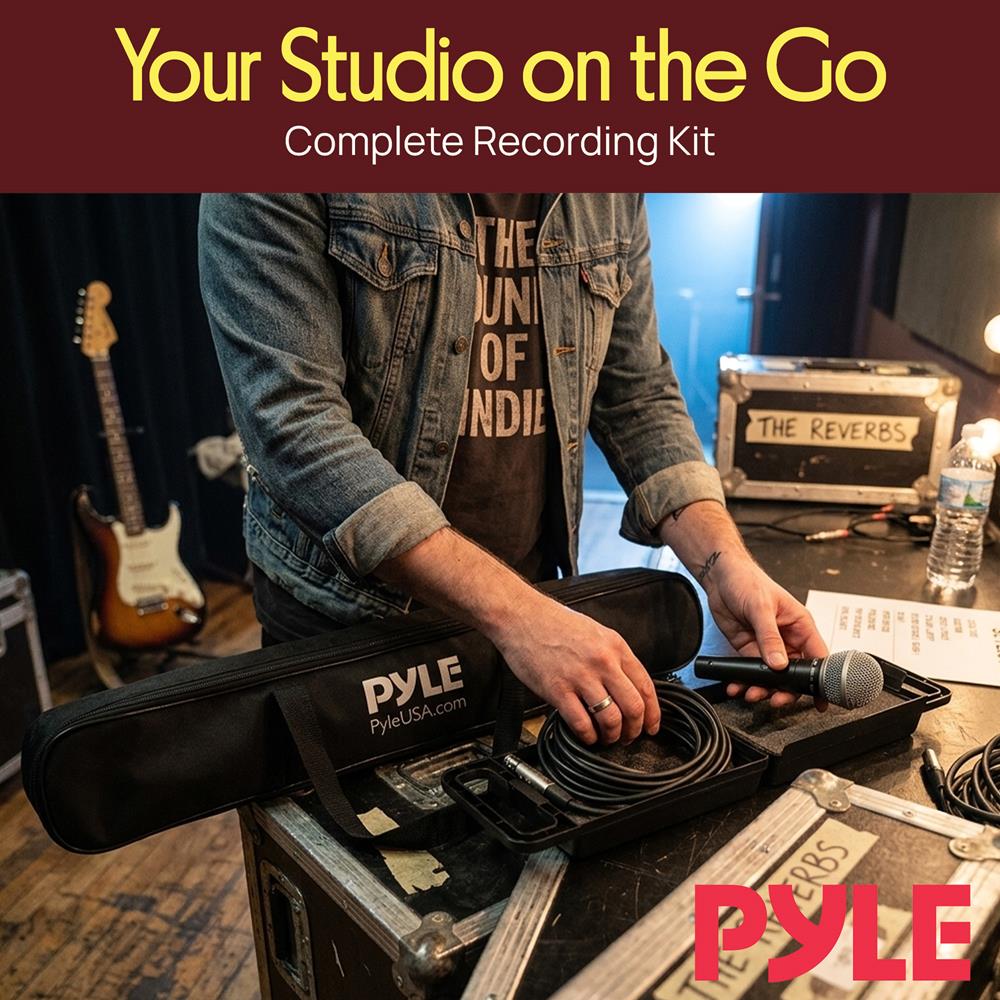 Pyle Professional Handheld Dynamic Microphone Kit - Unidirectional Vocal Wired Microphone w/Carry Bag, Metal Mic Stand, Holder/Clip & 16.4ft XLR Audio Cable to 1/4'' Audio Connection PDMIC88ST,Black