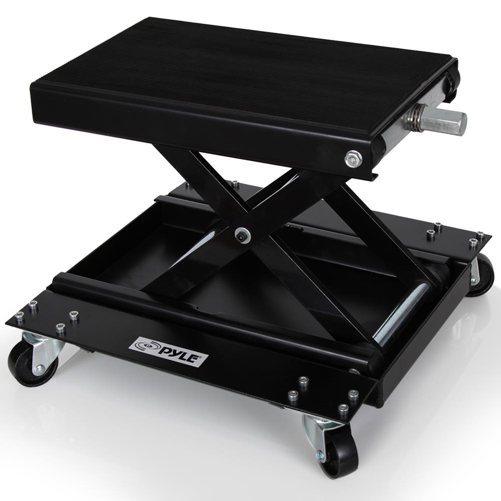 Pyle Motorcycle Lift, Scissor Jack, Dolly, Heavy Duty Steel, 1100 lbs Capacity, Black Powder Coat, Anti-Skid Rubber, Collapsible, Portable, Includes 4 Caster Wheels, Easy Storage, PLMOTJC11