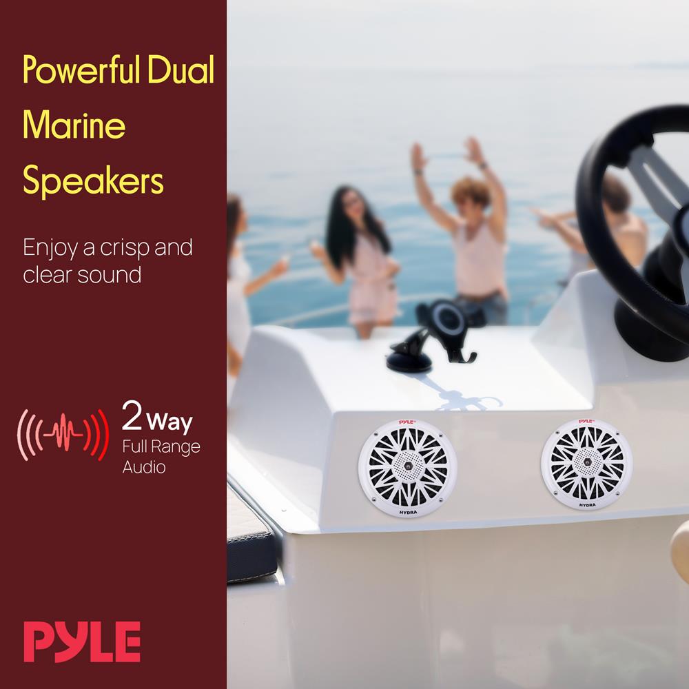 Pyle 5.25 Inch Dual Marine Speakers - 2 Way Waterproof and Weather Resistant Outdoor Audio Stereo Sound System with 150 Watt Power, Poly Carbon Cone, Cloth Surround and Low Profile Design - 1 Pair