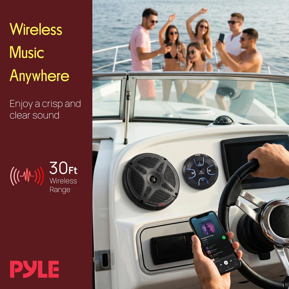 Pyle 6.5'' Dual Marine Speakers Kit - Waterproof-Rated w/Amplified Bluetooth Remote Control Receiver for Powersport Vehicles, IP65 Marine Grade Rating, 600 Watt Max Power PLMRKT8, Black