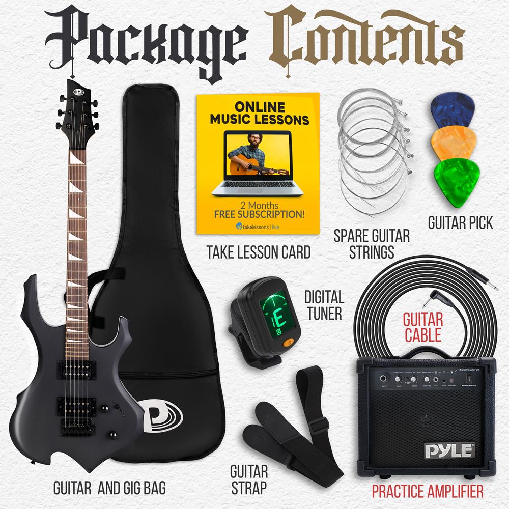 Pyle Heavy Metal EG Fire Electric Guitar Axe w/ Amplifier Kit, Full Size Instrument w/ Practice Amp & Accessories, Black Matte