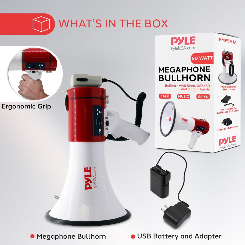 Pyle Megaphone 50-Watt Siren Bullhorn - Bullhorn Speaker w/ Detachable Microphone, Portable Lightweight Strap & Rechargeable Battery - Professional Outdoor Voice for Police & Cheerleading - PMP57LIA