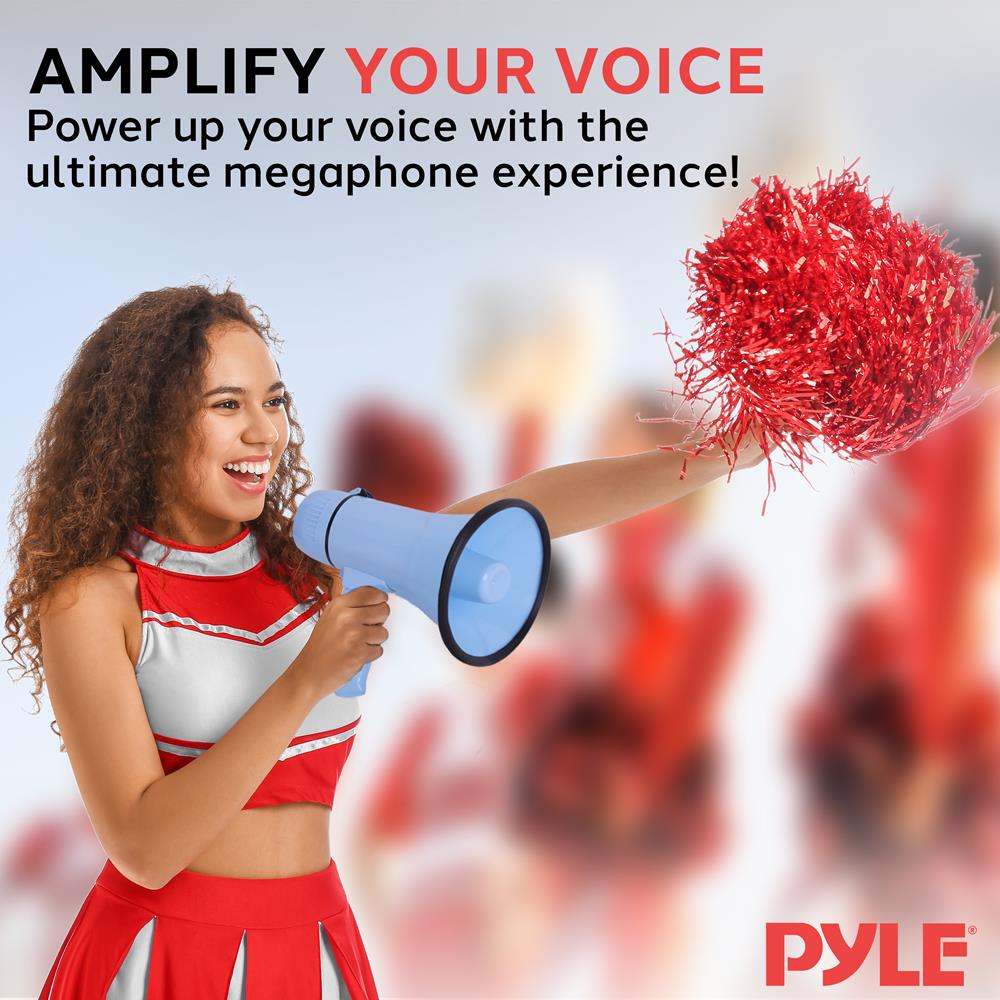 Pyle 20W Megaphone Bullhorn - Portable, Automatic Siren & Adjustable Volume,Projection Range Up to 400 Square Yards, Aux Input, Talk, Siren, Music, Whistle, & Record, Shoulder Strap (Blue)