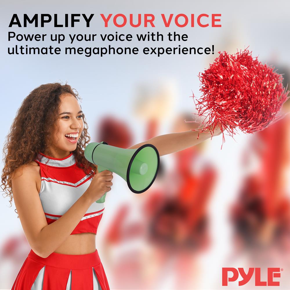 Pyle 20W Megaphone Bullhorn - Portable, Automatic Siren & Adjustable Volume,Projection Range Up to 400 Square Yards, Aux Input, Talk, Siren, Music, Whistle, & Record, Shoulder Strap (Green)