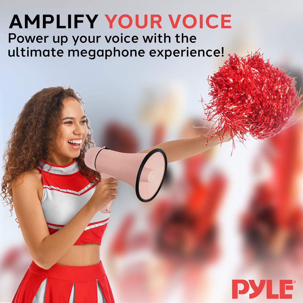 Pyle 20W Megaphone Bullhorn - Portable, Automatic Siren & Adjustable Volume,Projection Range Up to 400 Square Yards, Aux Input, Talk, Siren, Music, Whistle, & Record, Shoulder Strap (Pink)