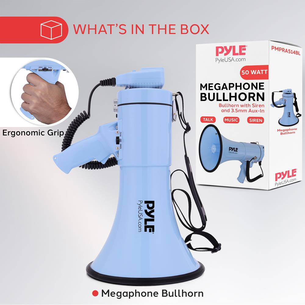 Pyle 50W Megaphone Bullhorn - Portable, Automatic Siren & Adjustable Volume,Projection Range Up to 1200 Square Yards, Aux Input, Talk, Siren, Music, Whistle, & Record, Shoulder Strap (Blue)
