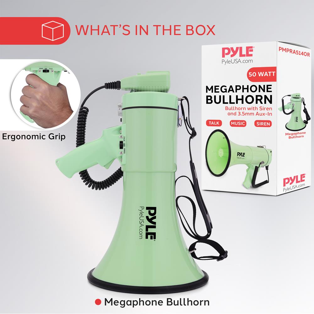 Pyle 50W Megaphone Bullhorn - Portable, Automatic Siren & Adjustable Volume,Projection Range Up to 1200 Square Yards, Aux Input, Talk, Siren, Music, Whistle, & Record, Shoulder Strap (Green)