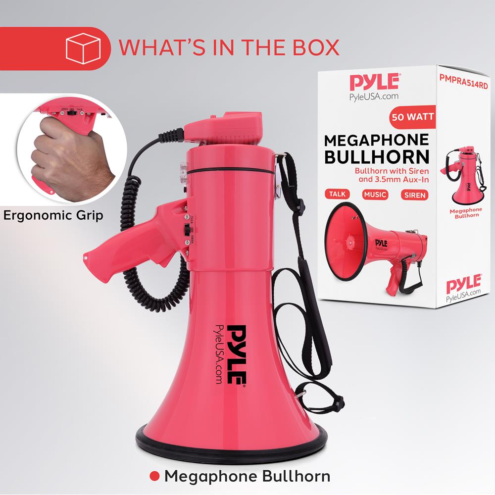 Pyle 50W Megaphone Bullhorn - Portable, Automatic Siren & Adjustable Volume,Projection Range Up to 1200 Square Yards, Aux Input, Talk, Siren, Music, Whistle, & Record, Shoulder Strap (Red)