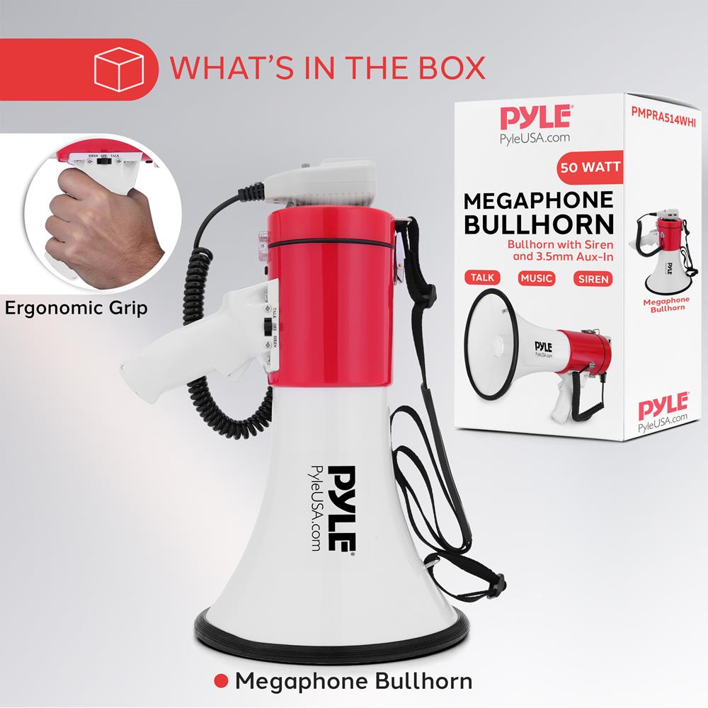 Pyle 50W Megaphone Bullhorn - Portable, Automatic Siren & Adjustable Volume,Projection Range Up to 1200 Square Yards, Aux Input, Talk, Siren, Music, Whistle, & Record, Shoulder Strap (White-Red)
