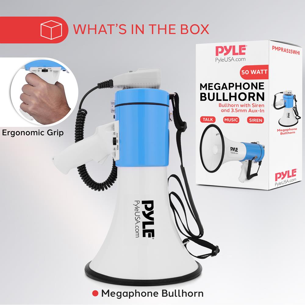 Pyle 50W Megaphone Bullhorn - Portable, Automatic Siren & Adjustable Volume,Projection Range Up to 1200 Square Yards, Aux Input, Talk, Siren, Music, Whistle, & Record, Shoulder Strap (White-Blue)