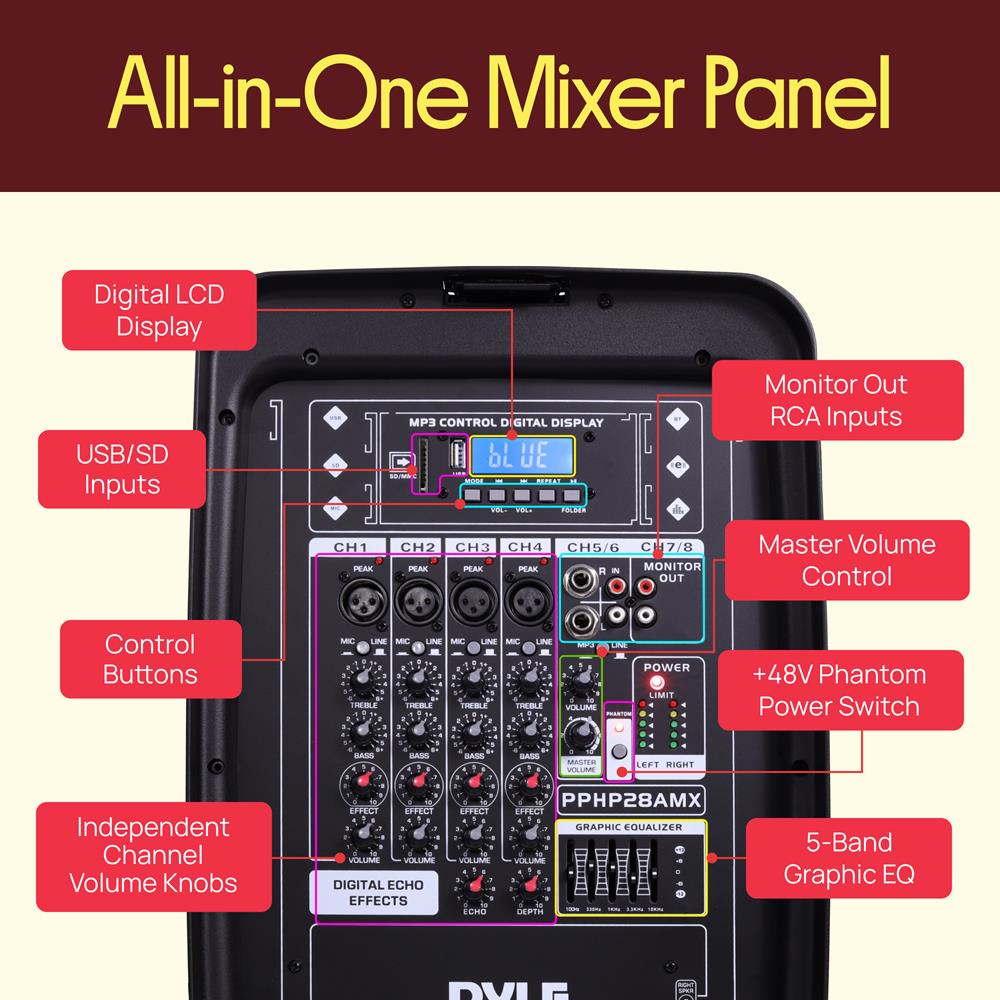 Pyle PA Speaker DJ Mixer Bundle - 300 W Portable Wireless Bluetooth Sound System w/ USB SD XLR 1/4" RCA Inputs - Dual Speaker, Mixer, Microphone, Stand, Cable - Home/Outdoor Party - PPHP28AMX,Black