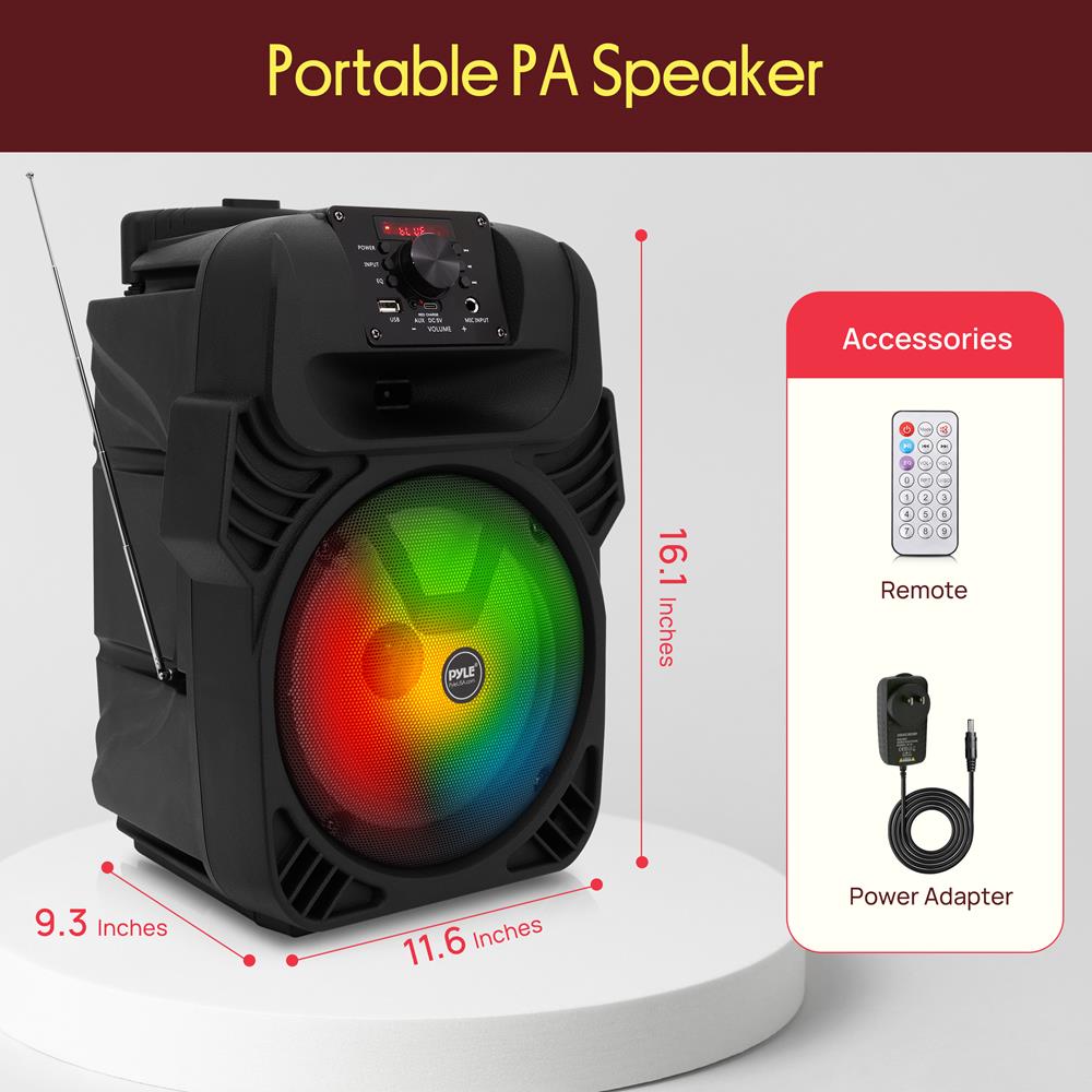 Pyle 400W Portable Bluetooth PA Loudspeaker - 8” Subwoofer System, 4 Ohm/55-20kHz, USB/MP3/FM Radio/ ¼ Mic Inputs, Multi-Color LED Lights, Built-in Rechargeable Battery w/ Remote Control -PPHP844B