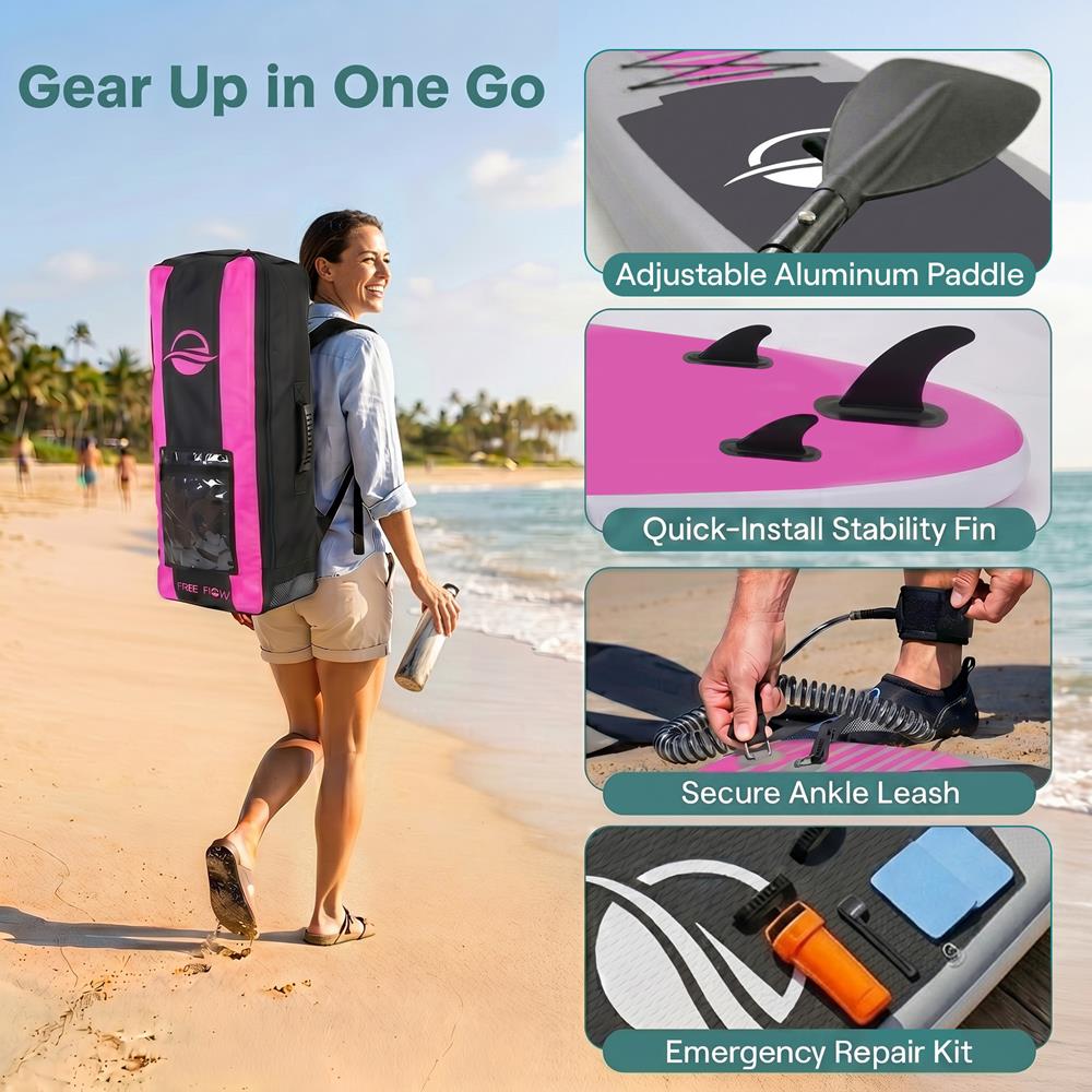 SereneLife Inflatable Stand Up Paddle Board (6" Thick) with Premium SUP Accessories & Carry Bag | Wide Stance, Bottom Fin for Paddling, Surf Control, Non-Slip Deck | Youth & Adult Standing Boat, Pink