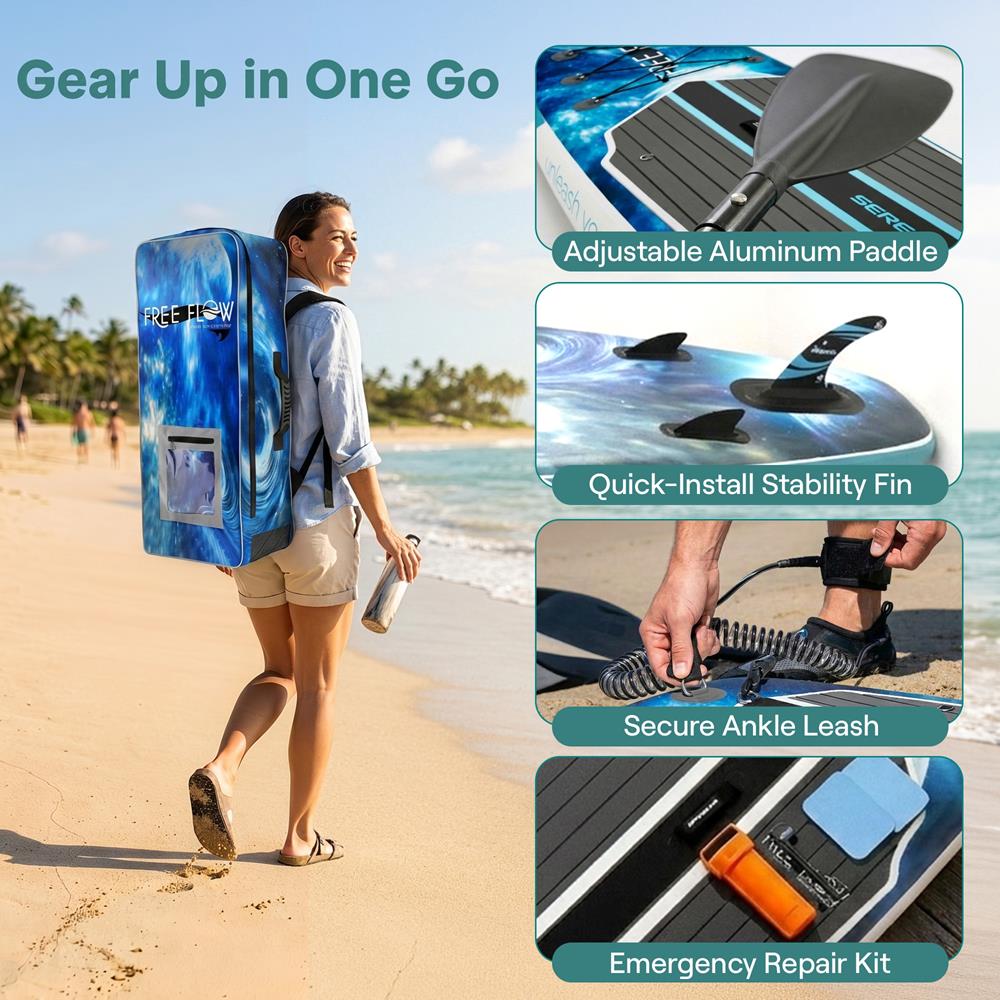 SereneLife Inflatable Stand Up Paddle Board - Wide Stable Design, Non-Slip Deck for Adults & Youth with Premium Paddle Board Accessories: Carry Bag, Dual Action Pump, Paddle, Ankle Leash - 10'6"