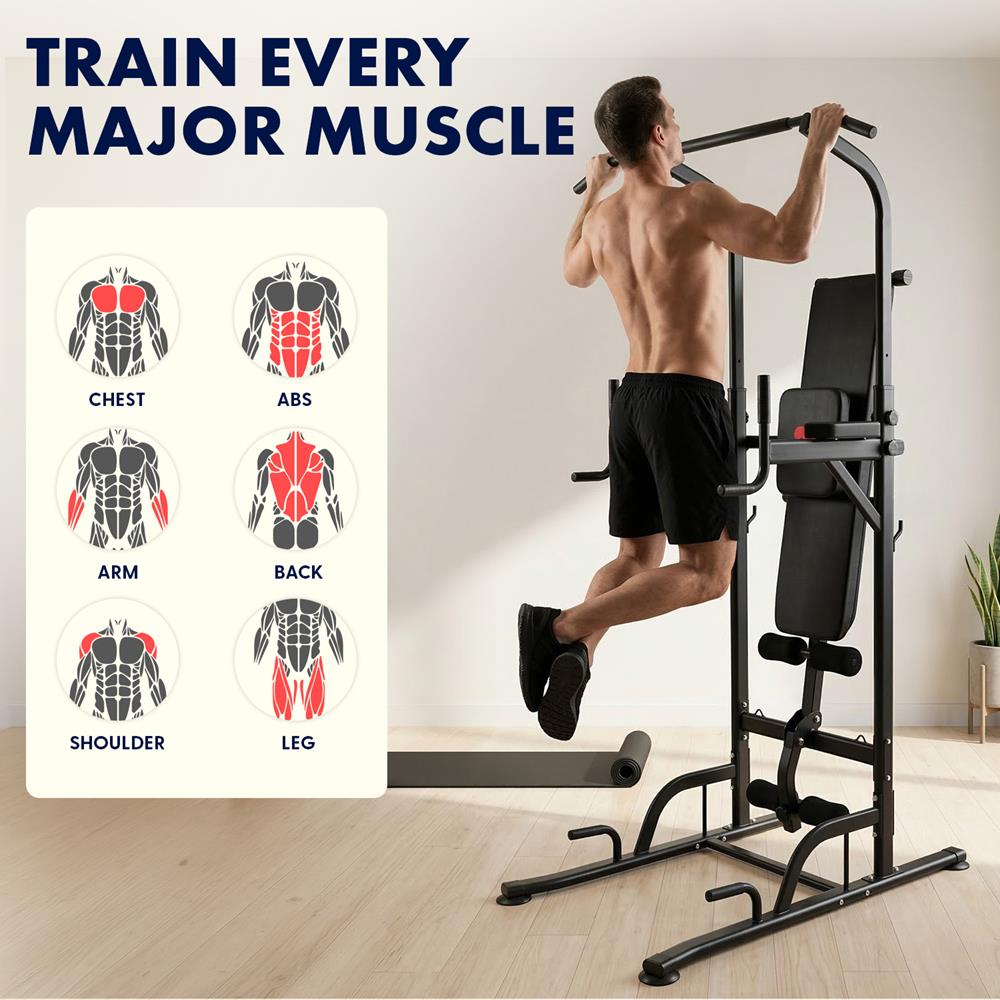 SQUATZ Pull-Up Workout Station with Bench - Multifunctional Gym Equipment Setup w/Pulling Bar, Sit-Up Board, Backrest, Elbow Pad, & Steel Main Frame, Great for Home Exercise and Weight Training