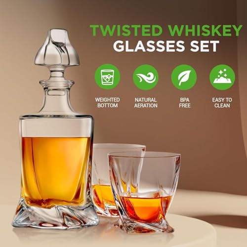 NutriChef Whiskey Decanter Set - Elegant Crystal Glass w/ Four 750ml BPA-Free Glasses - Naturally Aerates & Separates Whisky Sediment - Easy To Clean, Dishwasher Safe