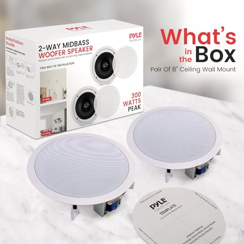 Pyle 8” Ceiling Wall Mount Speakers - Pair of 2-Way Midbass Woofer Speaker 70v Transformer Directable 1” Titanium Dome Tweeter Design w/ 55Hz-22kHz Frequency Response & 300 Watts Peak - Pyle PDIC80T White