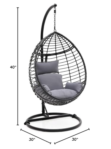 SereneLife Hanging Egg Chair for Outdoor & Indoor Use – Wicker Rattan Swing Chair with Cushions, Powder-Coated Steel Frame, Washable UV-Resistant Cover, Gray, Modern Patio Hammock Seat