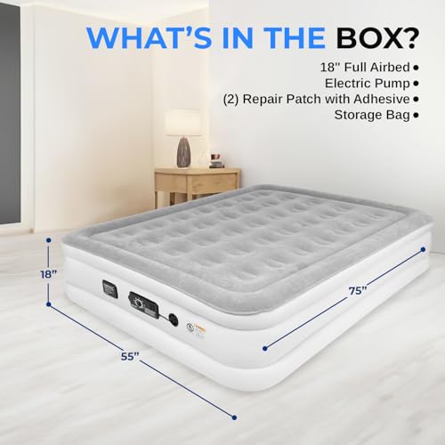 SereneLife Luxury Full Size Air Mattress with Built-In High Speed Pump, Adjustable Firmness Levels, Strong Spine Support, 18" Inflatable Airbed for Guests, Home, Camping, and Travel
