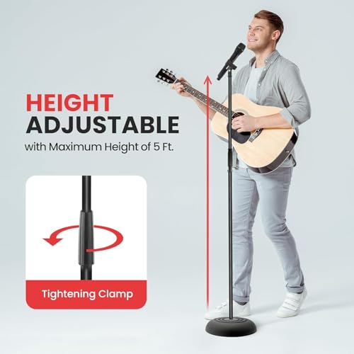 Pyle Adjustable Microphone Stand - Universal Mic Stand with Compact Heavy Base, Floor Standing Design, Height Adjustable, Pivot Angle Clip for Singing & Recording (2.8’ - 5’ ft., 9.8” Base Diameter)