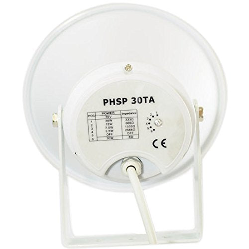 Pyle Indoor Outdoor PA Horn Speaker - 9.4 Inch 30-Watt Power Compact Loud Sound Megaphone w/ 400Hz-10KHz Frequency, 8 Ohm, 70V Transformer, Mounting Bracket - 70V Audio System PHSP30TA (White)