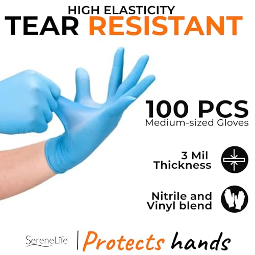 Serenelife 100 count Medium Gloves Nitrile Disposable Latex & Powder Free - Great for Kitchens, Food Handling & Cleaning Supplies - Soft & Comfortable fit - Vinyl & Nitrile blend - Medium -100 Pack