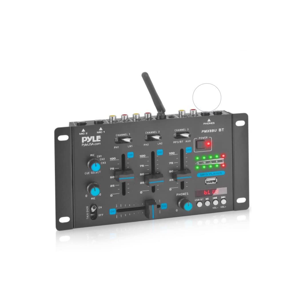 Pyle 3-Channel Wireless Bluetooth DJ Sound Mixer Controller - USB Reader - Dual RCA Phono/Line Inputs - 2 Mic Talk-Over - Headphone Jack - Crossfader - LED Display - PMX8BU