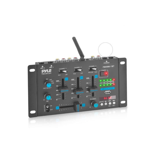 Pyle 3-Channel Wireless Bluetooth DJ Sound Mixer Controller - USB Reader - Dual RCA Phono/Line Inputs - 2 Mic Talk-Over - Headphone Jack - Crossfader - LED Display - PMX8BU
