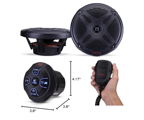 Pyle Marine Bluetooth Receiver Speaker Kit - Waterproof Audio Entertainment System Set w/Dual 6.5" Boat Speakers, Wireless BT Controller, Compact Handheld Broadcasting Microphone (Black)