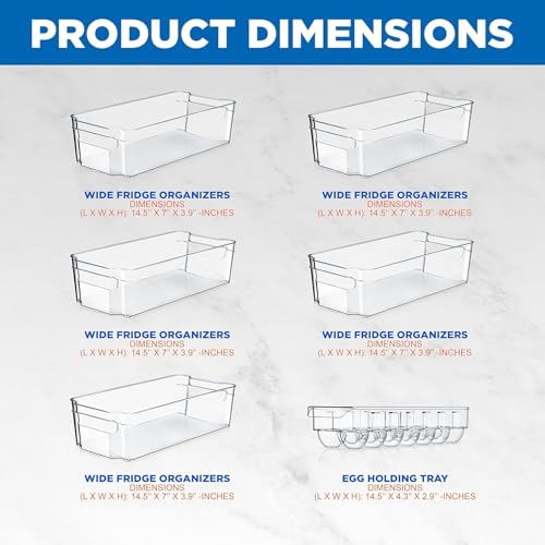 NutriChef 6-Piece Clear Refrigerator Organizer Set – 5 Wide Bins & 1 Egg Holder, BPA-Free, for Fridge, Freezer, Pantry, Cabinets & Countertops